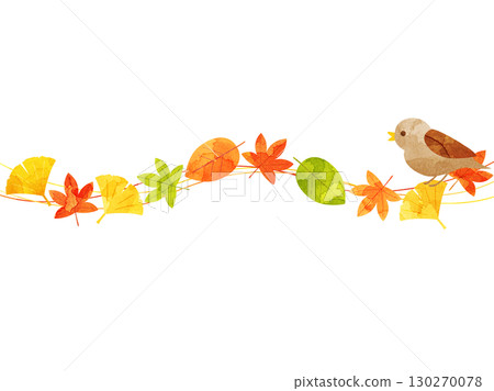 Illustration combining fallen leaves, autumn leaves, and birds - watercolor version 130270078