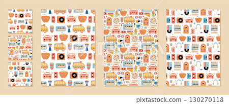 Groovy retro music seamless pattern with cassette, record, radio and boombox set. Orange and y2k background, set of seamless pattern graphics, ideal for vintage, trendy collection creative 130270118