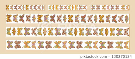 Groovy seamless border butterfly pattern set in retro y2k style. Butterfly and moth with floral elements in a collection frame, artistic background for vintage decorative graphic use. 130270124
