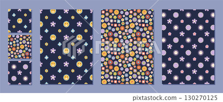 Groovy seamless floral pattern with daisy and sunflower in retro and colorful style set. This seamless pattern set brings a happy background with y2k flower smile graphic for a vibrant look. 130270125