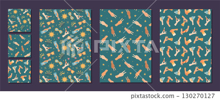 Flat seamless pattern with sunscreen bottle, lotion spray tube and hand hold set. Sun spf cream appears as main care product, summer skin protection motif, bold cosmetic background. 130270127