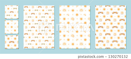 Cartoon seamless pattern with sun shapes and SPF, sunscreen and sunblock with sunglasses logo. Summer skin protection pattern in a flat style for background cosmetic product or packaging use. 130270132