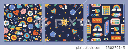 Groovy retro seamless pattern set in colorful cartoon graphic style. Seamless background with sticker heart, rainbow, sun, flower and playful y2k text. Fun pop motif, vibrant look, modern decorative Groovy retro seamless pattern set in colorful cartoon graphic style. Seamless background with sticker heart, rainbow, sun, flower and playful y2k text. Fun pop motif, vibrant look, modern decorative 130270145