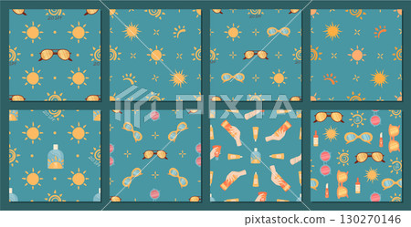 Seamless cartoon pattern of round sun shapes with sunscreen bottle, cream lotion, and sunblock for SPF protection. Sunglasses add a summer mood to this cosmetic set, logo elements and hold gestures 130270146