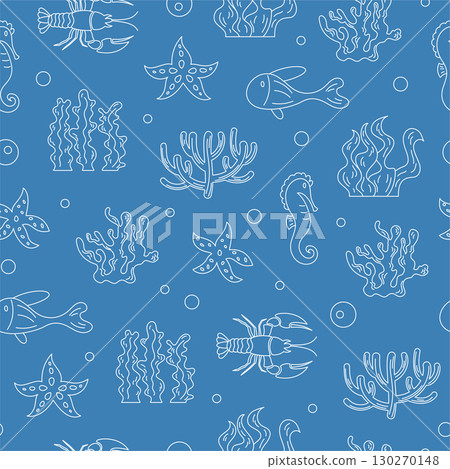 Seamless underwater pattern with aquatic marine life. Contour design of fish, seahorse, starfish, coral, and seaweed. Ocean background, outline style, perfect for aquatic projects. Seamless underwater pattern with aquatic marine life. Contour design of fish, seahorse, starfish, coral, and seaweed. Ocean background, outline style, perfect for aquatic projects. 130270148