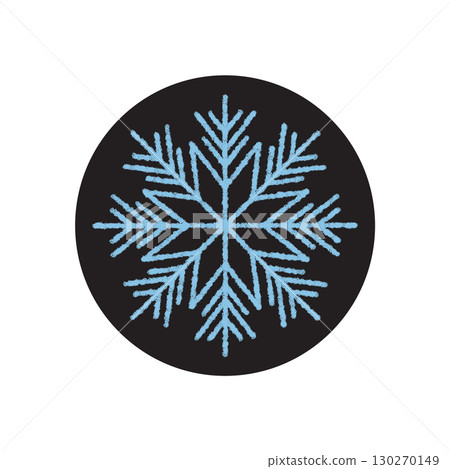 Crayon style snowflake label on a black circle with blue and white frost. Winter icon in icy ornament form. Cold ice package seal for xmas, emblem for holiday and festive packaging design. Crayon style snowflake label on a black circle with blue and white frost. Winter icon in icy ornament form. Cold ice package seal for xmas, emblem for holiday and festive packaging design. 130270149