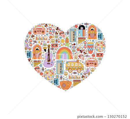 Groovy retro music heart in a colorful sticker style. Festival concept includes disco, y2k guitar, and cassette with a modern graphic background for fun pop art and creative decor. 130270152