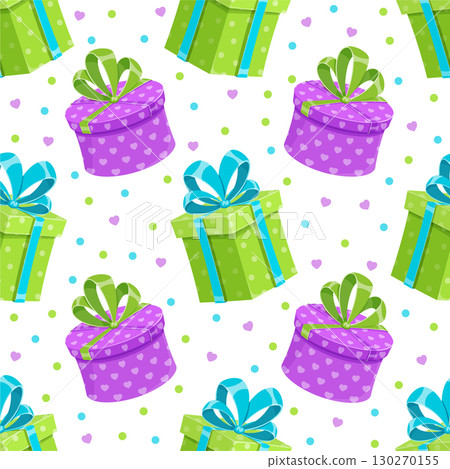Seamless cartoon pattern with gift boxes, ribbons, and bows. Present and package designs perfect for holiday background. Birthday event themes in colorful, festive arrangement. Seamless cartoon pattern with gift boxes, ribbons, and bows. Present and package designs perfect for holiday background. Birthday event themes in colorful, festive arrangement. 130270155