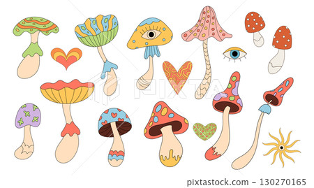 Groovy psychedelic mushroom set in colorful doodle style. Trippy shroom figures in retro and funky fantasy forms. Groovy elements add y2k vibe as playful set with creative, vibrant style. Groovy psychedelic mushroom set in colorful doodle style. Trippy shroom figures in retro and funky fantasy forms. Groovy elements add y2k vibe as playful set with creative, vibrant style. 130270165