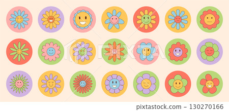 Retro groovy flower smile sticker set in colorful cartoon graphic style with happy face. Cute y2k label as fun package circle lid, playful accent for set of cheerful package stickers. Retro groovy flower smile sticker set in colorful cartoon graphic style with happy face. Cute y2k label as fun package circle lid, playful accent for set of cheerful package stickers. 130270166