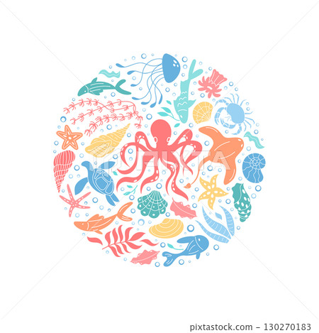 Underwater ocean concept in cartoon graphic style. Marine life, including fish, starfish, jellyfish, and turtles, arranged in a round circle composition. Vibrant reef design perfect for aquatic 130270183