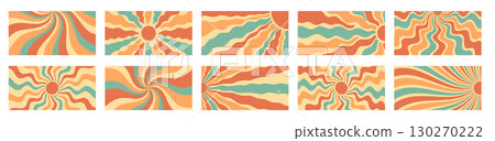 Groovy retro sun burst pattern with swirl and wave in orange and yellow set. Set of sunshine burst background in horizontal style, y2k sun ray shapes create vibrant summer atmosphere. Groovy retro sun burst pattern with swirl and wave in orange and yellow set. Set of sunshine burst background in horizontal style, y2k sun ray shapes create vibrant summer atmosphere. 130270222