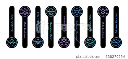 Set of round winter label sticker in blue and black with snowflake line ornament. Collection of seal ornament elements for package lid and christmas. Ideal for cool holiday packaging. 130270234