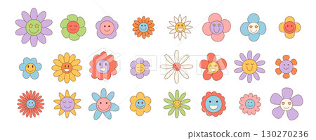 Groovy retro flower set cartoon with happy daisy and cute smiley. Playful floral group creates a colorful, cheerful y2k mood. Groovy element and cartoon graphic style perfect for vibrant, fun design 130270236