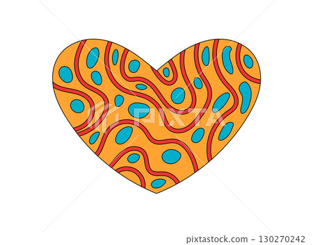 Groovy retro heart with abstract orange and blue pattern and funky swirl shape. Cartoon style forms create a playful y2k groovy element vibe, perfect for modern trendy art projects. Groovy retro heart with abstract orange and blue pattern and funky swirl shape. Cartoon style forms create a playful y2k groovy element vibe, perfect for modern trendy art projects. 130270242