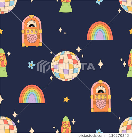 Groovy retro seamless pattern with music and disco star elements in a colorful y2k background. Jukebox, rainbow, and party details bring nostalgic charm. Vibrant pattern for playful decor or creative 130270243