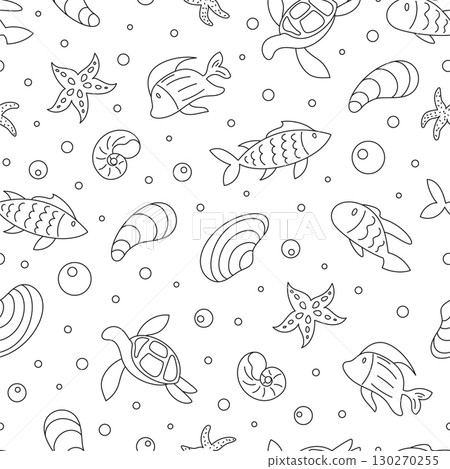 Seamless underwater pattern with marine fish outlines. Aquatic contour design featuring doodle ocean creatures and shapes. Perfect background for sea uses or aquatic designs. 130270255