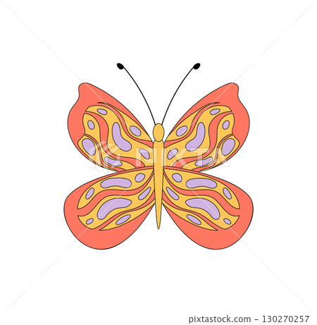 Groovy retro butterfly sticker in colorful psychedelic and yellow style. Funky patch as groovy element with unique y2k art for vintage pop decor, modern funky badge or creative accessory. 130270257