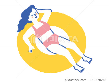 女人坐在游泳圈上漂浮在水中_顏色 130270285