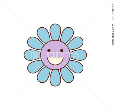 Groovy retro flower sticker with happy smile in colorful cartoon patch style. Circle shape forms a groovy element and y2k look. Fun and positive accent for playful, trendy creative decor. Groovy retro flower sticker with happy smile in colorful cartoon patch style. Circle shape forms a groovy element and y2k look. Fun and positive accent for playful, trendy creative decor. 130270344