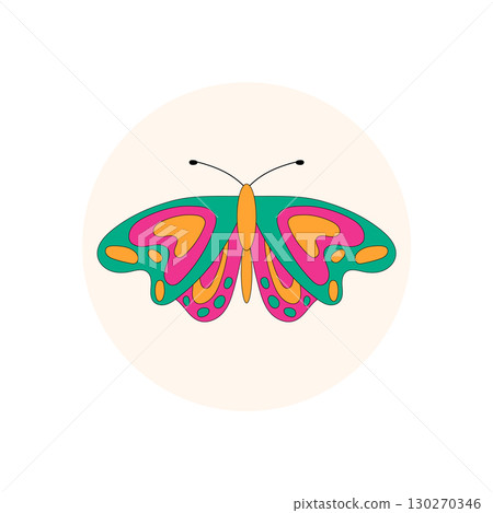 Groovy retro butterfly sticker with a funky colorful look in a round circle. Playful seal for package or lid, y2k and retro accent, modern graphic for creative packaging or product. Groovy retro butterfly sticker with a funky colorful look in a round circle. Playful seal for package or lid, y2k and retro accent, modern graphic for creative packaging or product. 130270346