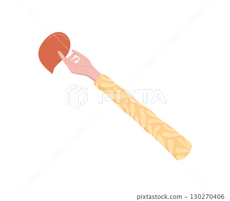 Colorful flat hand holding a heart symbol. Human finger and arm in a caring gesture, expressing love, charity, and solidarity. Creative concept for aid support themes. 130270406