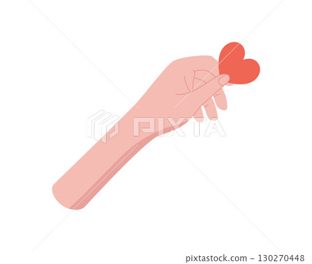 Flat hand holding a heart symbol. Gesture showing love and care, aid and charity themes. Representation of giving help, colorful abstract design for nonprofit organizations. Flat hand holding a heart symbol. Gesture showing love and care, aid and charity themes. Representation of giving help, colorful abstract design for nonprofit organizations. 130270448