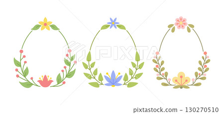 Egg shaped frames formed by curved twigs, simple blossoms, flat petals berries foliage. Oval borders decorated minimal pastel flowers, leafy sprigs. Gentle floral rhythm, stylized organic symmetry 130270510