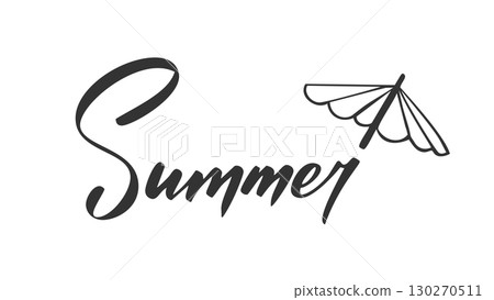 Handwritten word summer in black ink near simple beach umbrella. Sketch style drawing casual lettering, doodle vacation element, playful sunny vibe, relaxed seasonal tropical theme warm mood accent 130270511