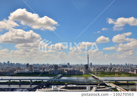 View of the cityscape, blue sky and white clouds from the observation deck 130270563