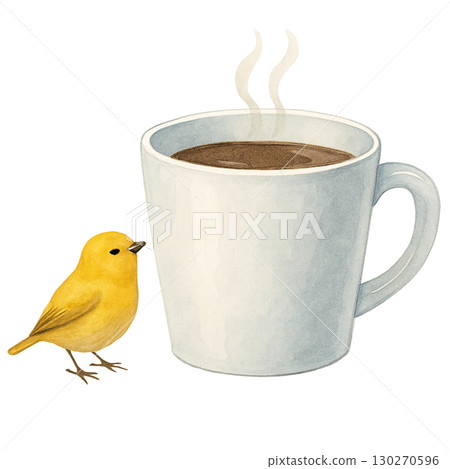 一隻黃色的小鳥和一個咖啡杯的水彩插圖（PNG 剪貼圖） 130270596