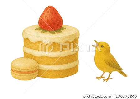 黃色小鳥和蛋糕的水彩插圖（PNG 剪貼圖） 130270800