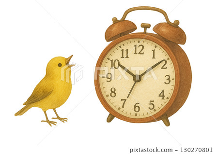 黃色小鳥和鬧鐘的水彩插圖（PNG 剪貼圖） 130270801