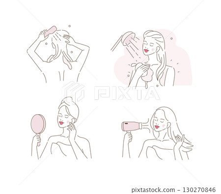 Beauty Girl Taking Care about her Skin and making Spa Procedures. Woman Taking a Shower in her Bathroom, Applying Cream at her Face Beauty Girl Taking Care about her Skin and making Spa Procedures. Woman Taking a Shower in her Bathroom, Applying Cream at her Face 130270846