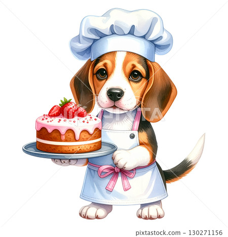 Watercolor illustration 2 of a pastry chef's beagle holding a decorated cake / Material for flyers and posters 130271156