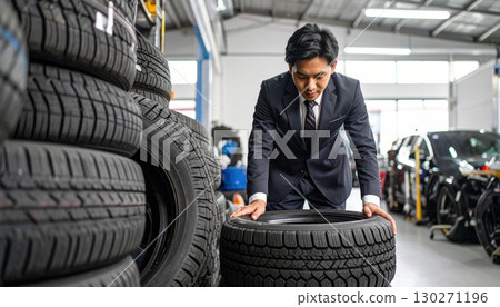 商人在商店選擇輪胎 130271196
