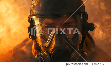 一名白人男子在煙霧瀰漫的區域戴著防毒面具 130271200
