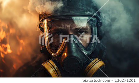 A white man wearing a gas mask in a smoke-filled area 130271201