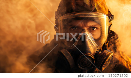 一名白人男子在煙霧瀰漫的區域戴著防毒面具 130271202