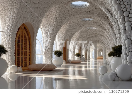 Futuristic white stone hotel lobby, luxurious modern interior 130271209