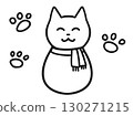 Black and white line drawing of a cat wearing a scarf 130271215