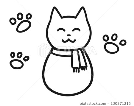 Black and white line drawing of a cat wearing a scarf 130271215