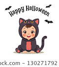 Illustration of a child dressed up as a black cat for Halloween 130271792