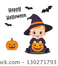 Illustration of a child dressed as a witch for Halloween 130271793