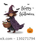 Illustration of a girl in a witch costume for Halloween 130271794