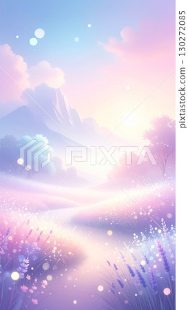 A pastel landscape illustration of a fantastic sunrise and a flower field 130272085