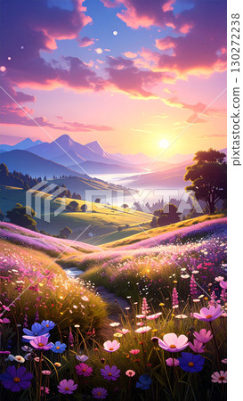 Fantastic mountain scenery at sunset with flower fields 130272238