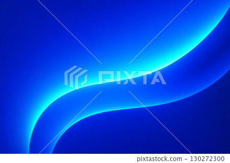 Bright neon glowing blue streak curving across dark background forming luminous abstract arc 130272300