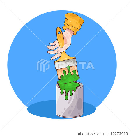 illustration of dipping paint brush into paint bucket 130273013
