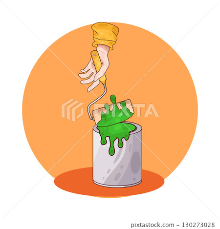 illustration of dipping paint roller into paint bucket 130273028